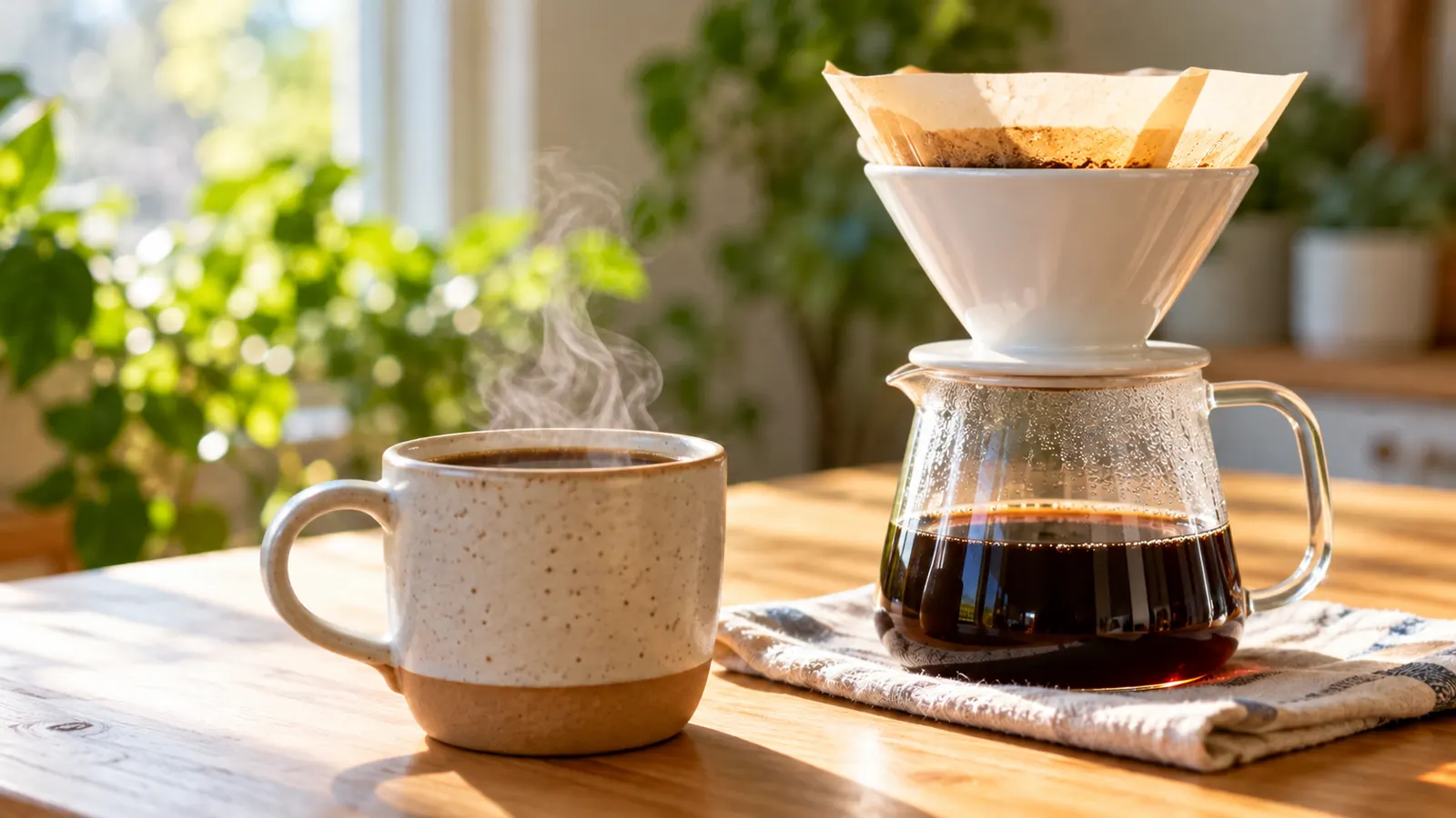 A pour-over coffee setup on a light wooden table with a ceramic mug, steam rising, soft side light