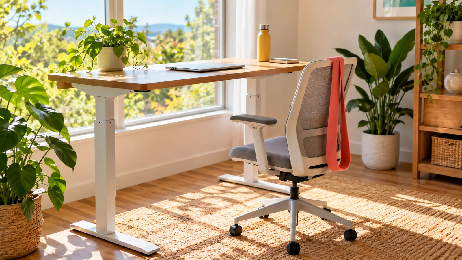 An ergonomic home office with a standing desk raised, a closed laptop and a stretching strap hanging on the chair