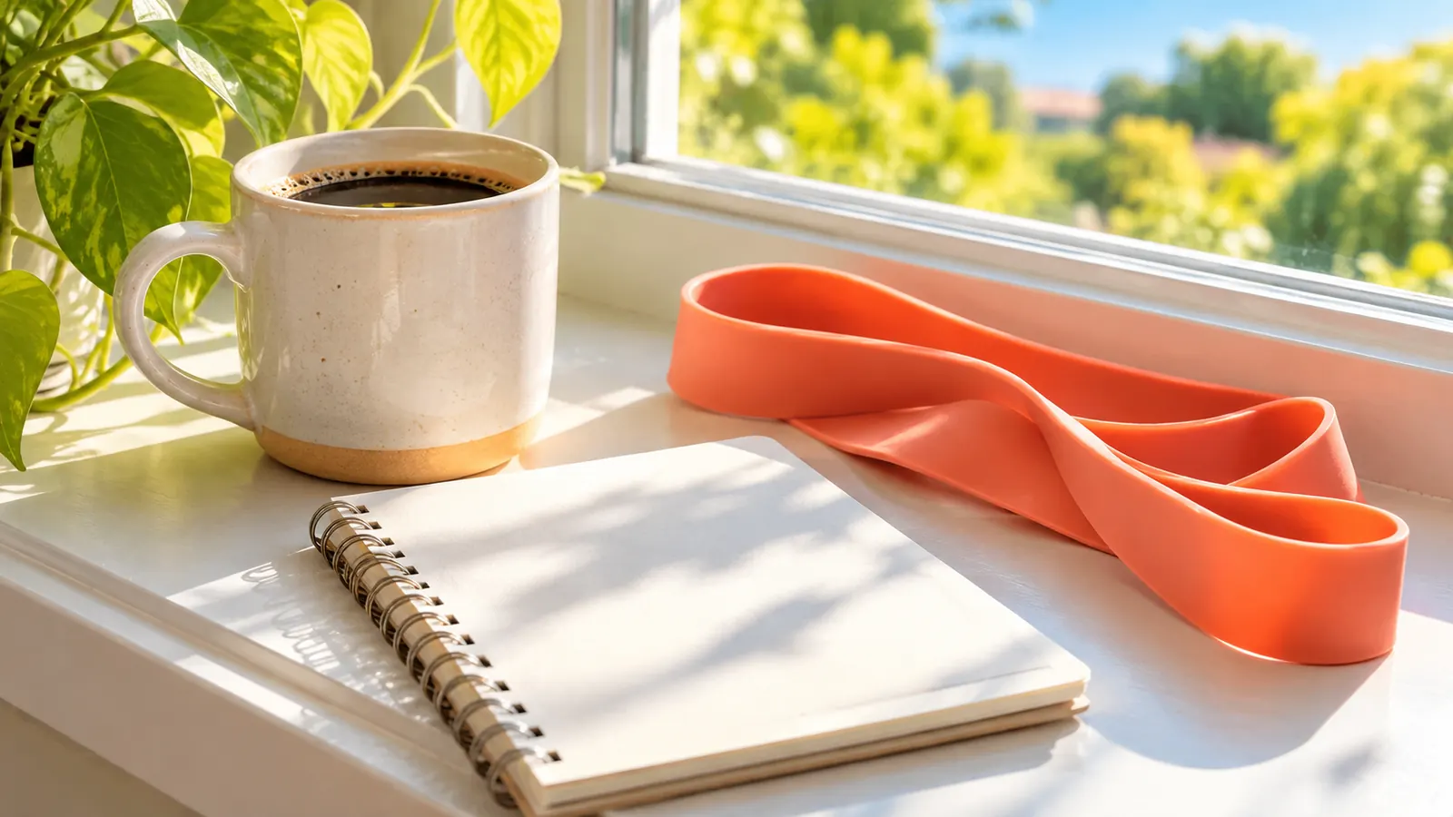 A coffee mug next to a resistance band and a small notebook with a blank page on a sunny windowsill