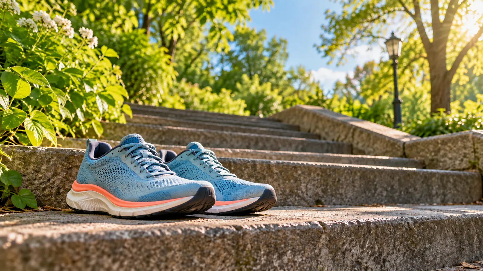 A pair of running shoes on the steps of a public outdoor staircase in a green park, morning light