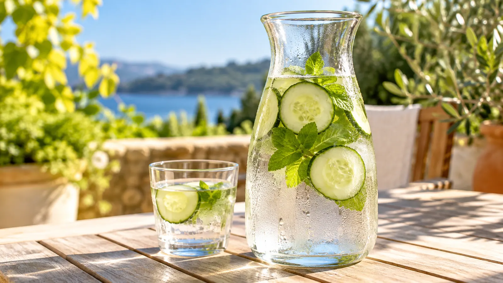 A clear glass carafe of water with cucumber slices and mint on a sunny patio table, condensation drops